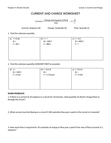 Current and Charge Worksheet with Answers