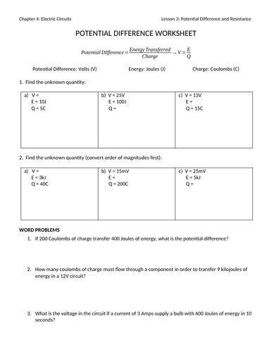 Potential Difference Worksheet with Answers