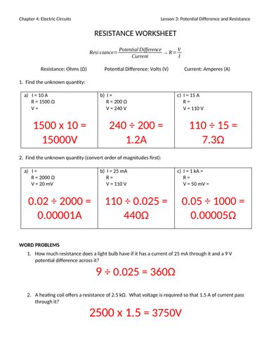 Resistance Worksheet with Answers | Teaching Resources