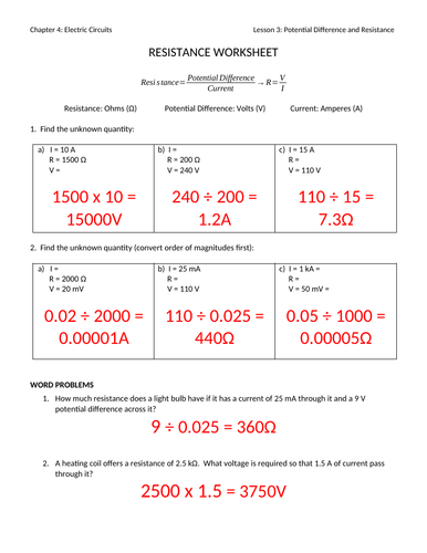 Resistance Worksheet with Answers