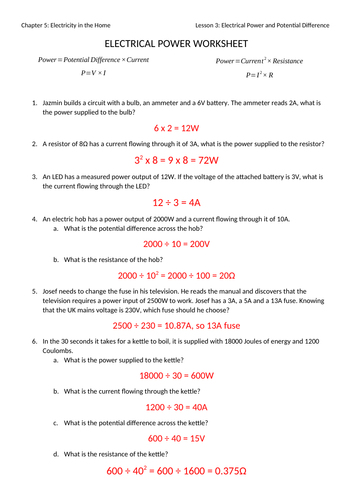 Electrical Power Worksheet with Answers | Teaching Resources