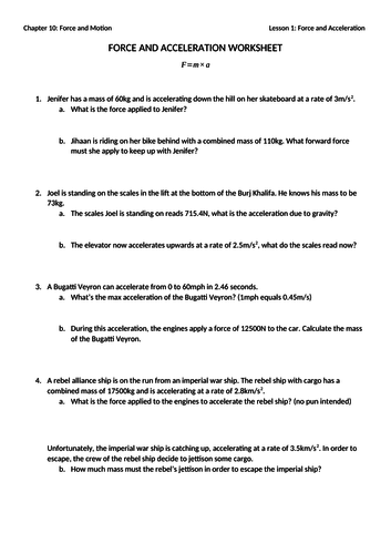 Forces and Acceleration Worksheet with Answers