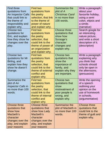 GCSE English Lang Lit Revision Tasks Grid Teaching Resources