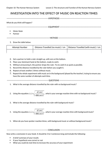 Reaction Time using Ruler Practical Sheet