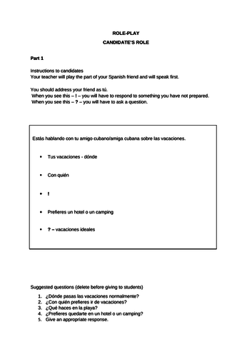 Spanish Role Play Practice - Holidays