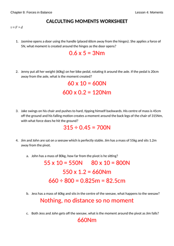 Moments Worksheet with Answers