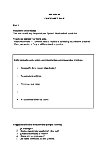 Spanish Role Play Practice - School