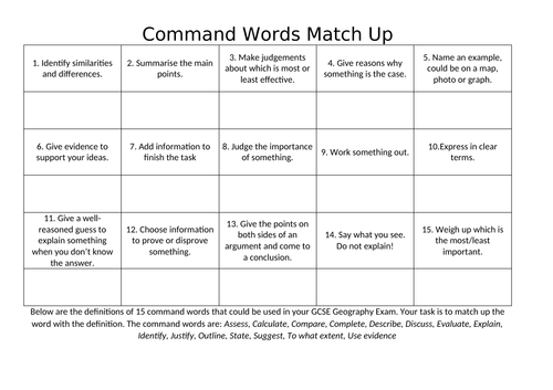 Command Word Match Up Task for AQA A GCSE Geography