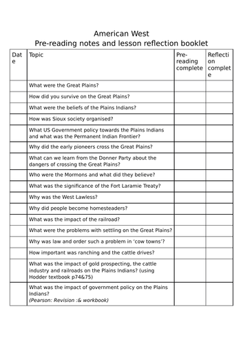 American West flipped learning cover sheet/tracker