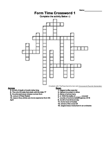 Form Time Crossword Teaching Resources
