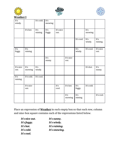 Weather In English Sudoku Teaching Resources