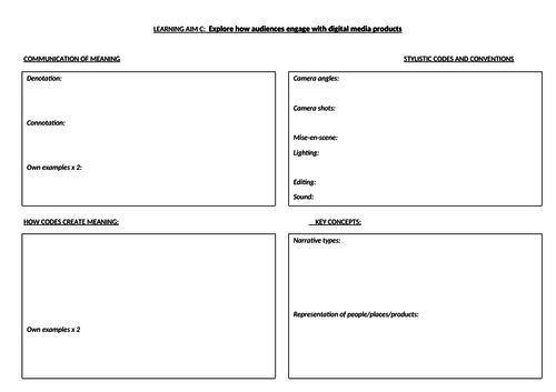 BTEC CREATIVE DIGITAL MEDIA UNIT 1 EXAM REVISION SHEET TEMPLATES
