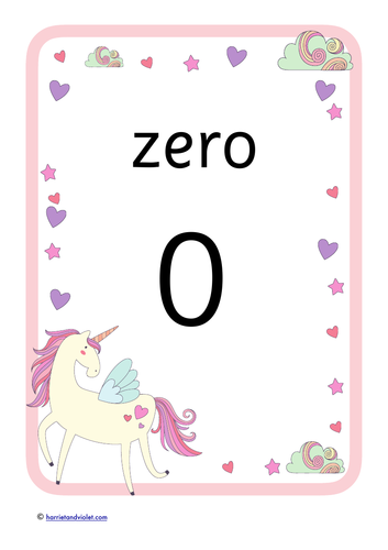Unicorn A4 numbers + words posters 0-20