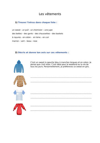 les vêtements, clothes  - worksheet (writing)