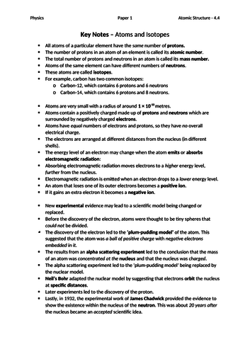 Physics Atomic Structure 4.4 Key Notes AQA GCSE