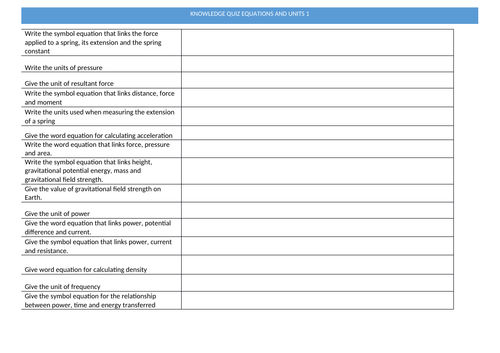 Recall quiz based on physics equations and units