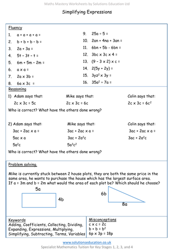 Simplifying Expressions Mastery Worksheet