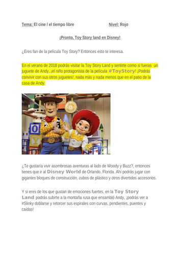 NEW GCSE Spanish Authentic Text: Toy Story Land