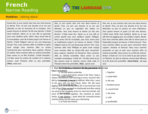 GCSE French revision - Narrow reading texts and tasks on talking about hobbies in the past