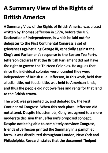 A Summary View of the Rights of British America - Thomas Jefferson Handout