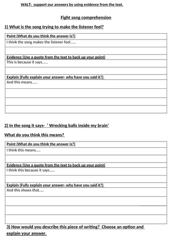 Song Comprehensions. P.E.E. structured booklets