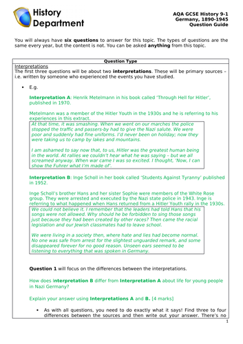 Aqa Gcse History Germany Question Guide Teaching Resources