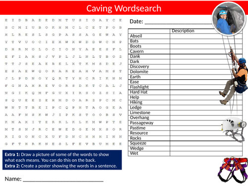 Caving Sport Wordsearch Sheet Starter Activity Keywords Cover Physical Education PE