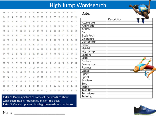 High Jump Sport Wordsearch Sheet Starter Activity Keywords PE Physical Education