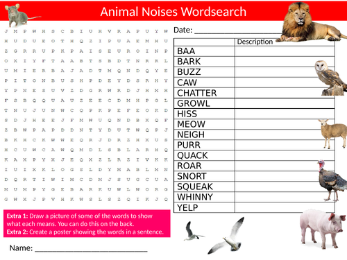 Animal Noises #2 Wordsearch Sheet Starter Activity Keywords Cover Nature