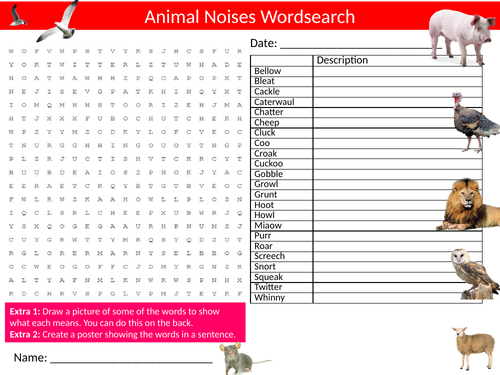2 x Animal Noises Wordsearch Sheet Starter Activity Keywords Cover Nature