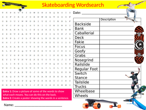 Skateboarding Wordsearch Sheet Starter Activity Keywords Sport Physical Education