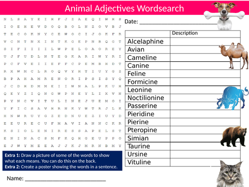 Animal Adjectives Wordsearch Sheet Starter Activity Keywords Cover English Language
