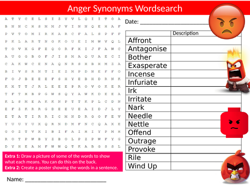 Anger Synonyms Wordsearch Sheet Starter Activity Keywords Cover English