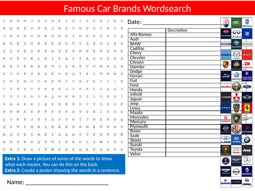 Famous Car Makes Wordsearch Sheet Starter Activity Keywords Transport