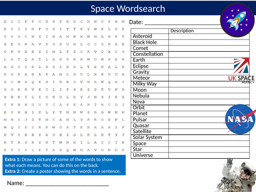 Space Wordsearch Sheet Starter Activity Keywords Cover Science Physics