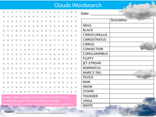 2 x Clouds Wordsearch Sheet Starter Activity Keywords Cover Science Physics Geography