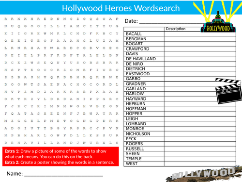 Hollywood Heroes Wordsearch Sheet Starter Activity Keywords Famous Actors Drama