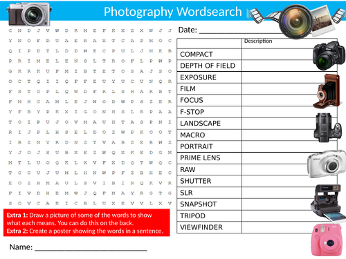 Photography #2 Wordsearch Sheet Starter Activity Keywords Cover Art & Design