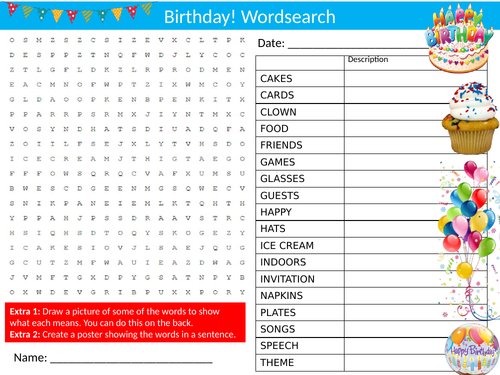 Birthday Wordsearch Sheet Starter Activity Keywords Cover Celebration Party