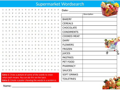 Supermarket Wordsearch Sheet Starter Activity Keywords Cover Shopping