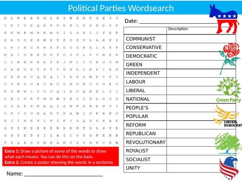 Political Parties Wordsearch Sheet Starter Activity Keywords Cover Government Politics