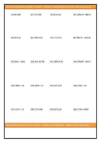 dmas division multiplication addition and subtraction with answers teaching resources