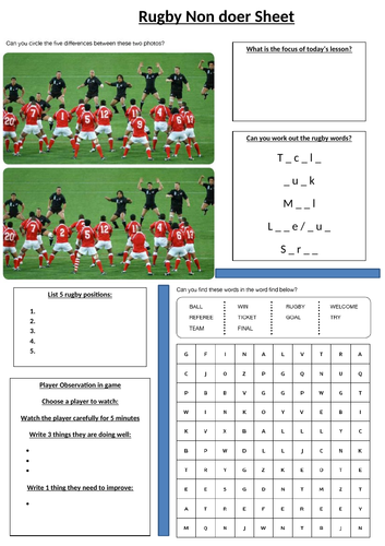 Rugby - non doer sheet