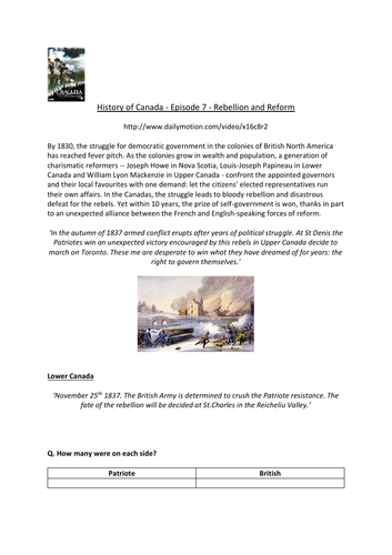 Canada: A People's History - Episode 7- Rebellion and Reform - Supporting Worksheet