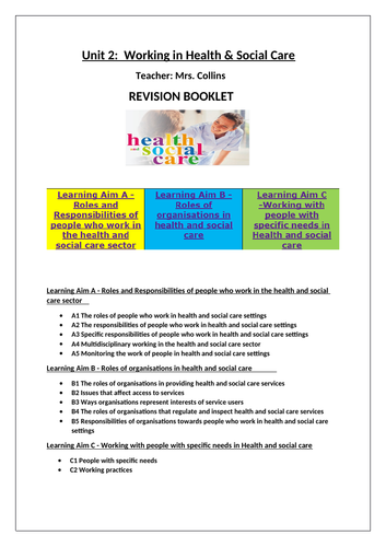 A comprehensive  Revision Booklet. Unit 2 Working in Health & Social care