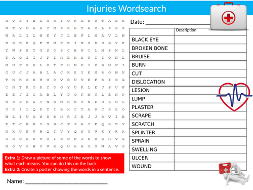 First Aid Injuries #2 Wordsearch Sheet Starter Activity Keywords Cover Health