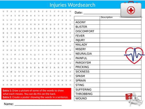 2 x First Aid Injuries Wordsearch Sheet Starter Activity Keywords Cover Health