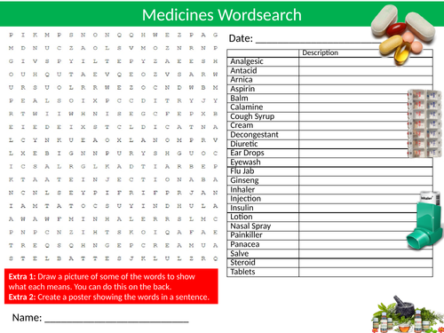 Medicines Wordsearch Sheet Starter Activity Keywords Cover Health