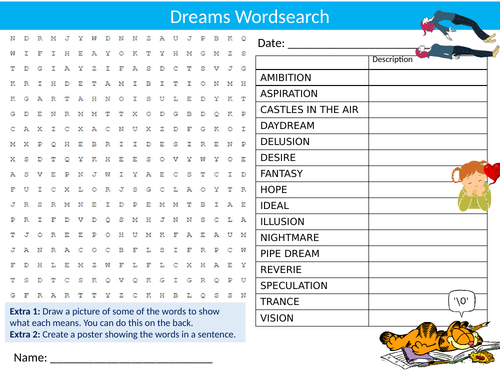 Dreams Wordsearch Sheet Starter Activity Keywords Cover Aspirations The Brain