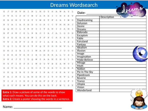 3 x Dreams Wordsearch Sheet Starter Activity Keywords Cover Aspirations Brain